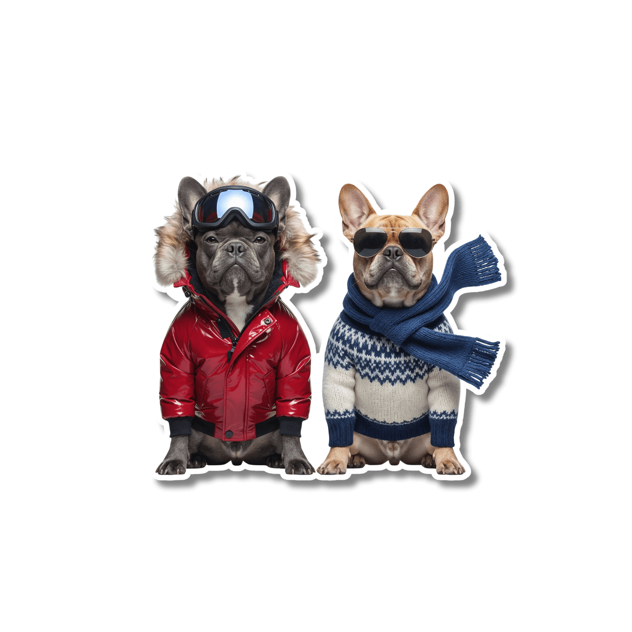 French bulldog ski sticker; two French bulldogs wearing ski goggles, parka, sweater, and scarf on white background, easy peel kiss-cut vinyl.