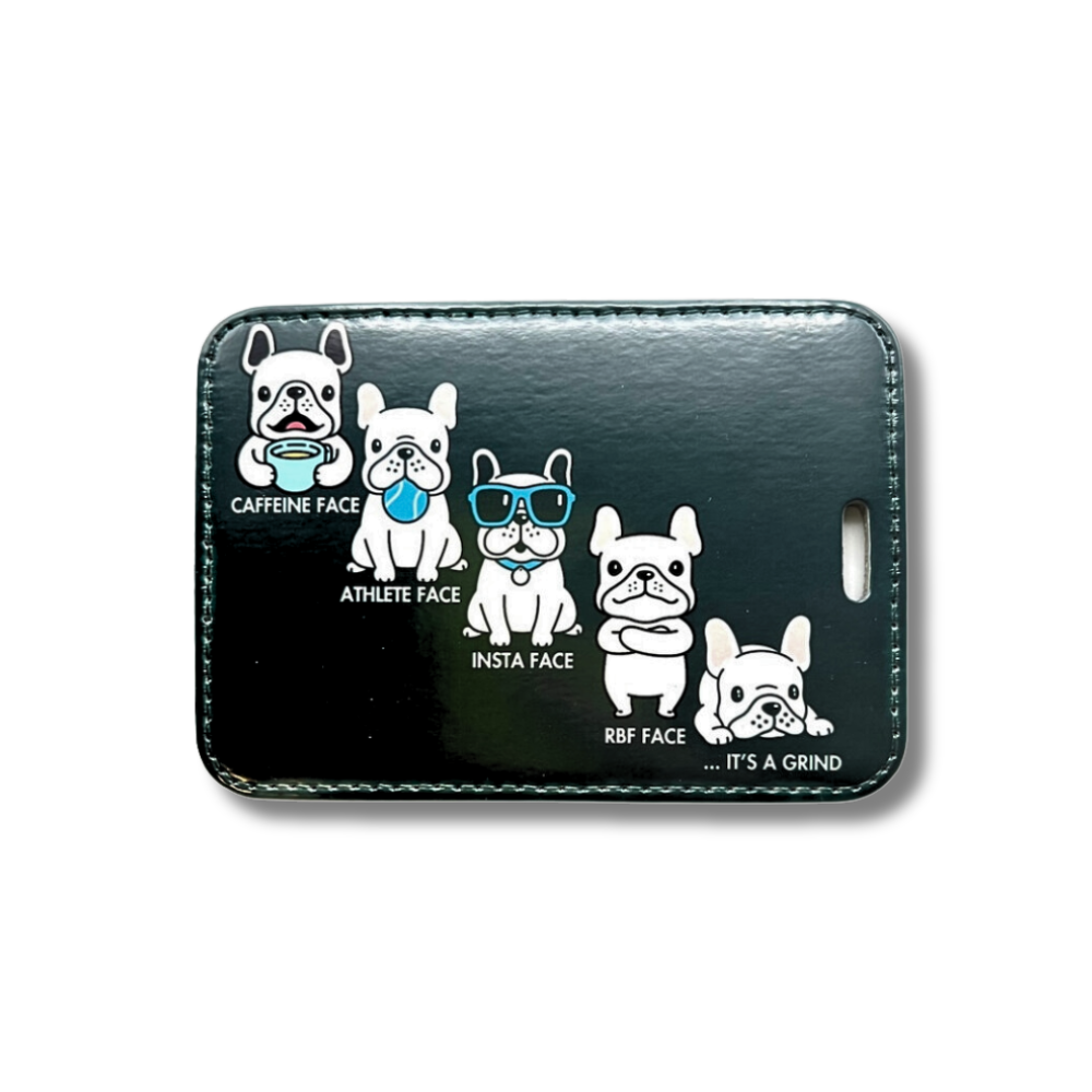 french bulldog luggage tag, black with frenchies showing all their different faces such as "athlete face"