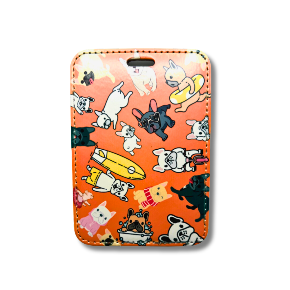 sporty french bull dog luggage tag, frenchies on scooters, surf boards, etc. Orange background