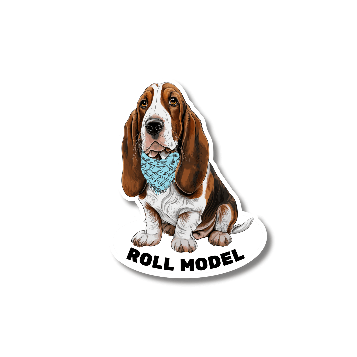 Basset hound sticker of a dog with a bandana and 'Roll Model' text on a white background