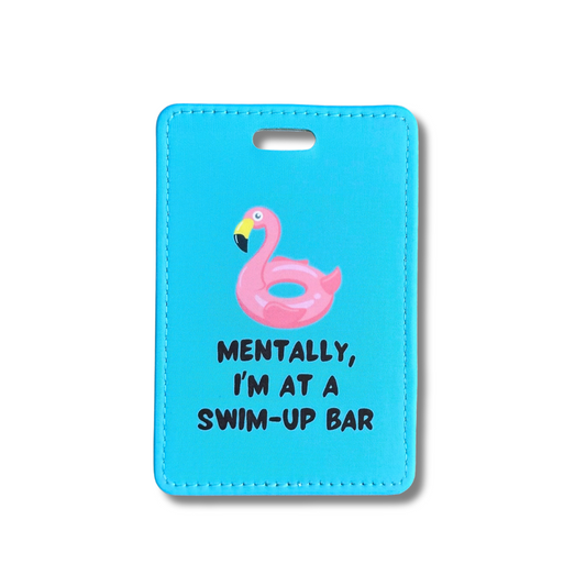 Sassy sky blue luggage tag. Pink flamingo pool float: Mentally I'm at a swim up bar.