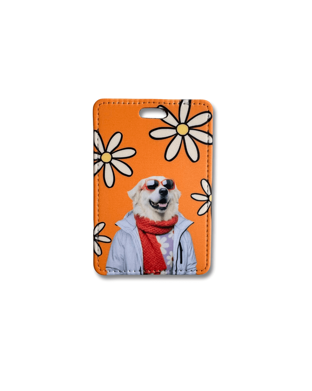 funny great pyrenees luggage tag; white great pyrenees wearing glasses, gray jacket, and dark orange scarf on an orange background with white flowers