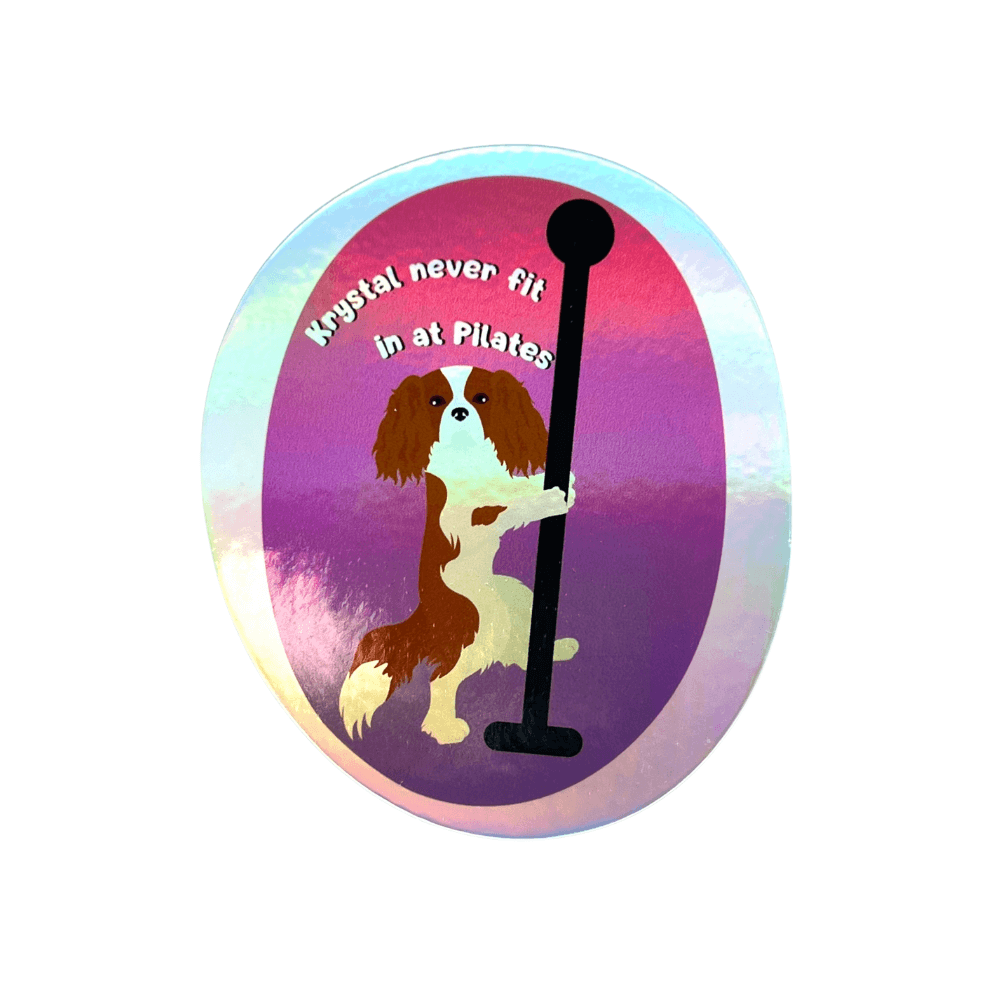 Holographic dog sticker with a King Charles dog holding a pole and text 'Krystal never fit in at Pilates' on a colorful background.