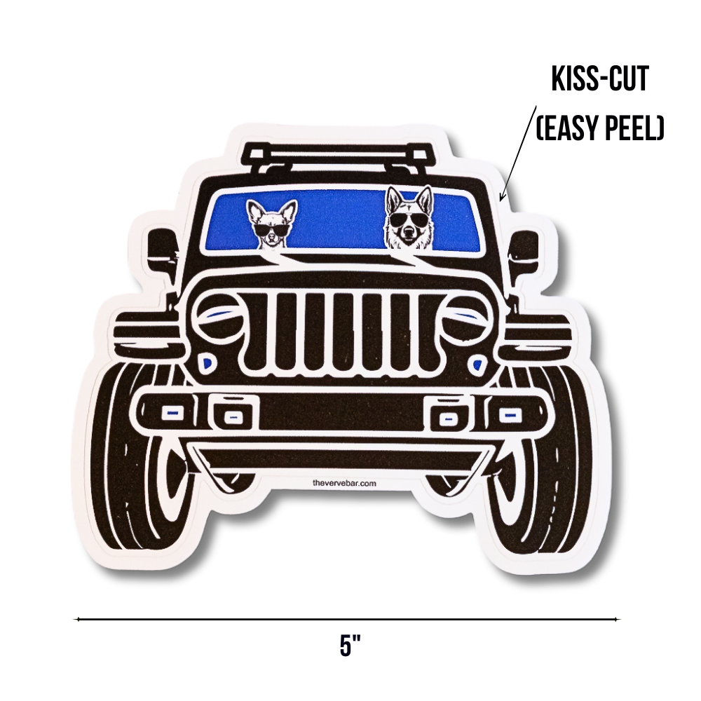 Large 5" vinyl sticker for cars or laptops featuring a German Shepherd and Chihuahua riding in a Jeep type vehicle.