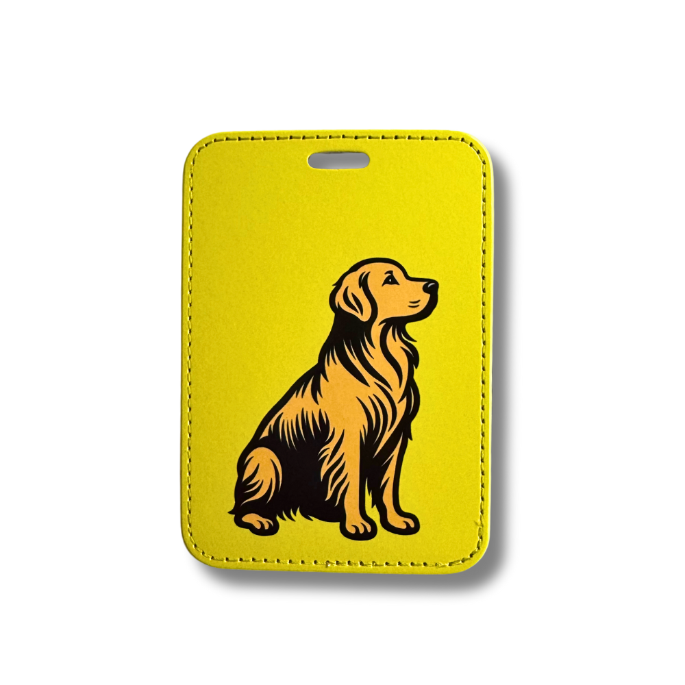 Golden Retriever luggage tag with bright yellow background.