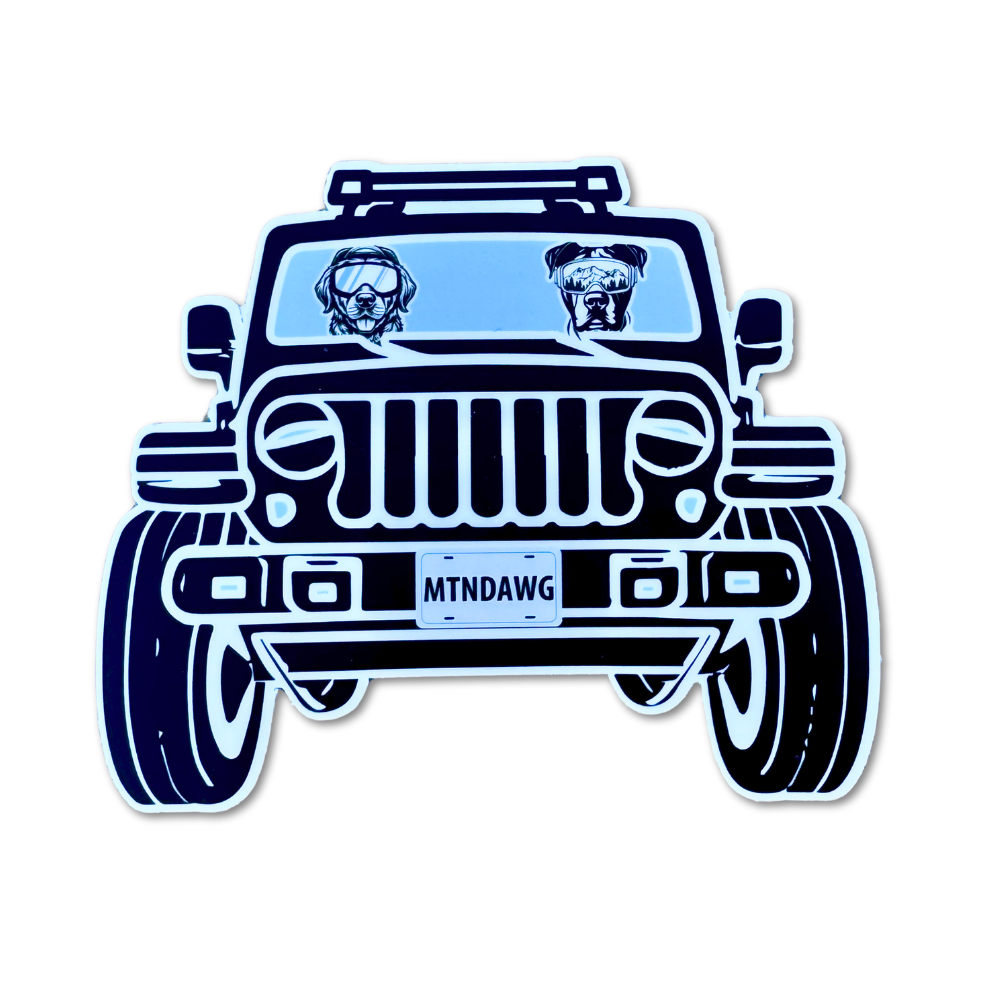 Large 5" vinyl sticker: golden retriever and pitbull dogs wearing goggles and driving a Jeep. The license plate says: MTNDAWG