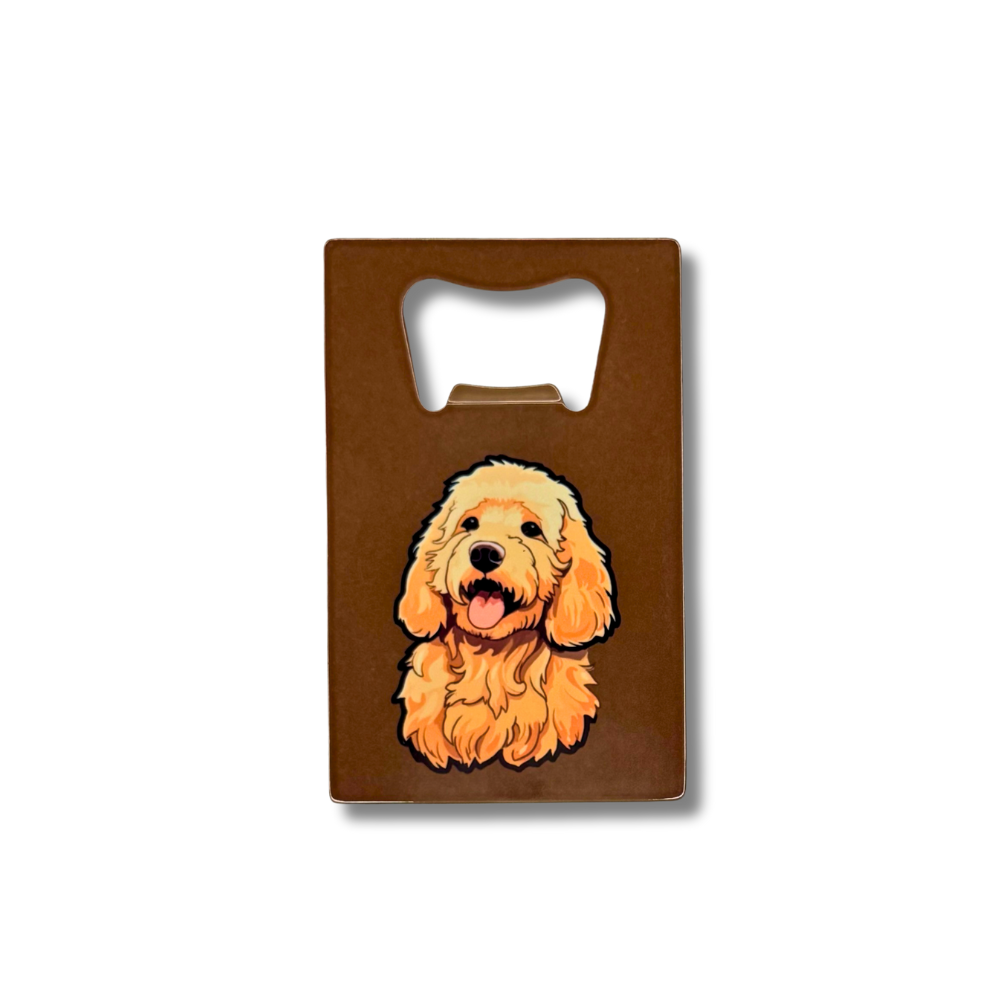 Goldendoodle/Labradoodle wallet-sized stainless steel bottle opener with a cartoon doodle dog illustration on a brown background.
