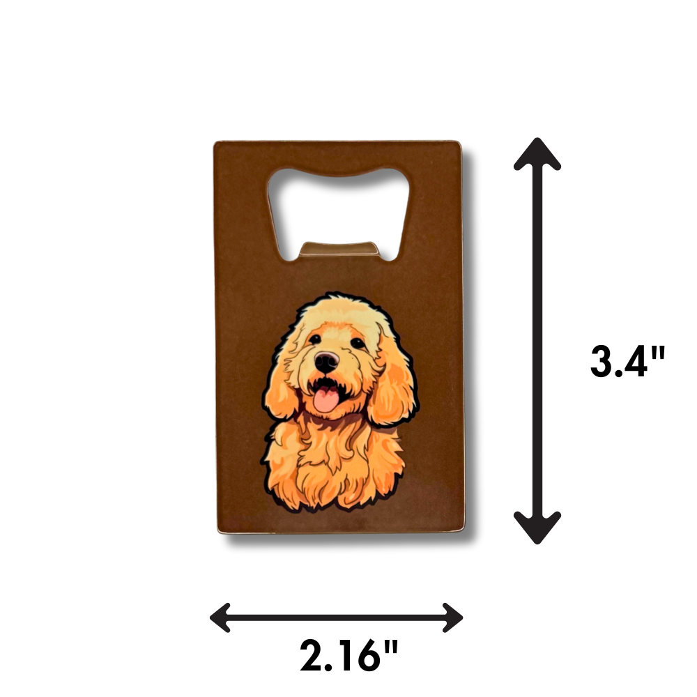 dimensions for: Goldendoodle/Labradoodle wallet-sized stainless steel bottle opener