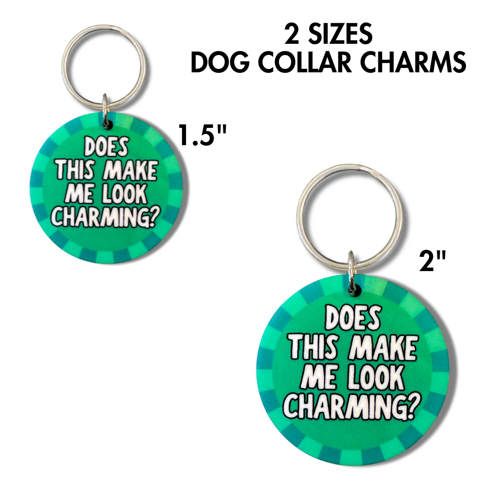 Green acrylic Does This Make Me Look Charming? Dog Collar Charm with festive Irish vibes. Double-sided, lightweight, and available in 1.5” & 2” sizes.