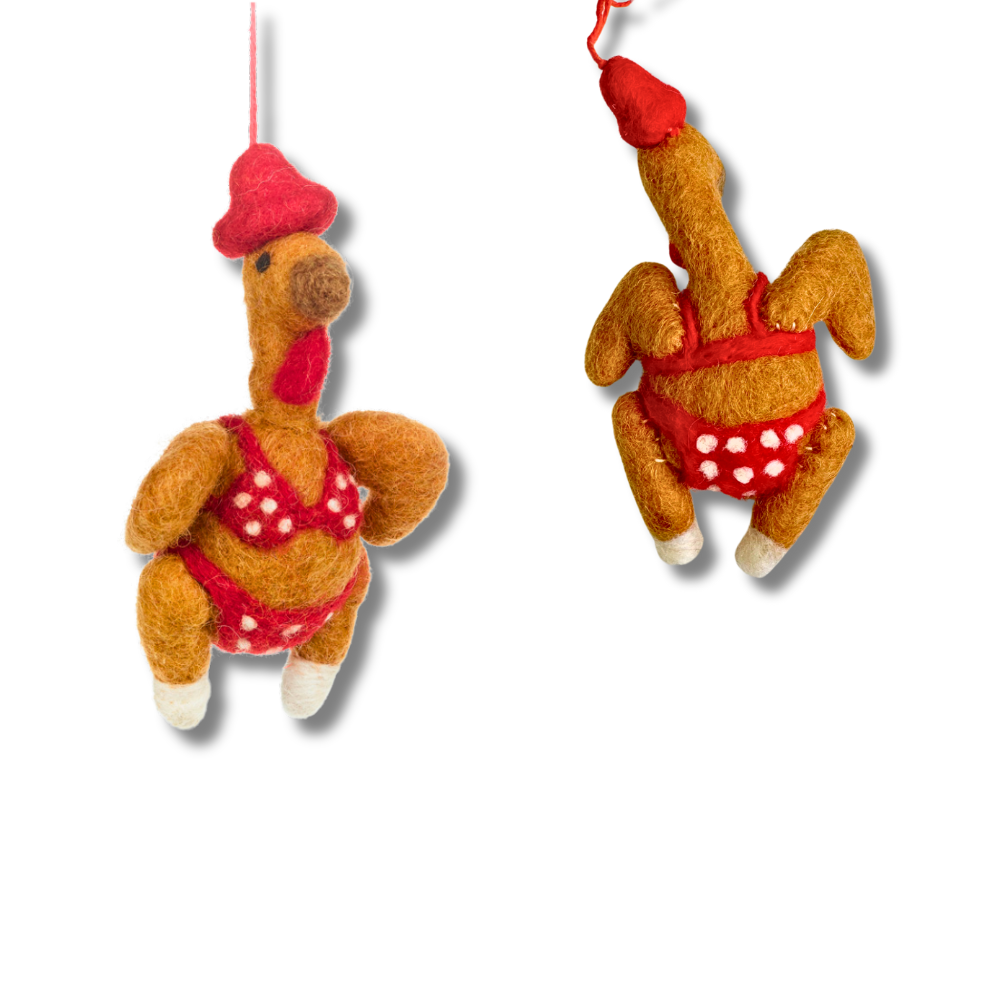 Hilarious turkey ornament - turkey is wearing a red hat and a red and white bikini.