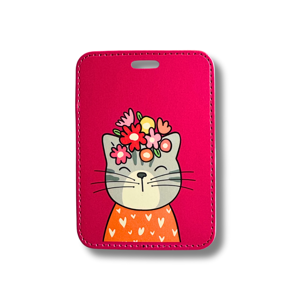 Cute cat luggage tag. Dark hot pink background. Contemporary cat with flowers on head and wearing an orange shirt with modern hearts.
