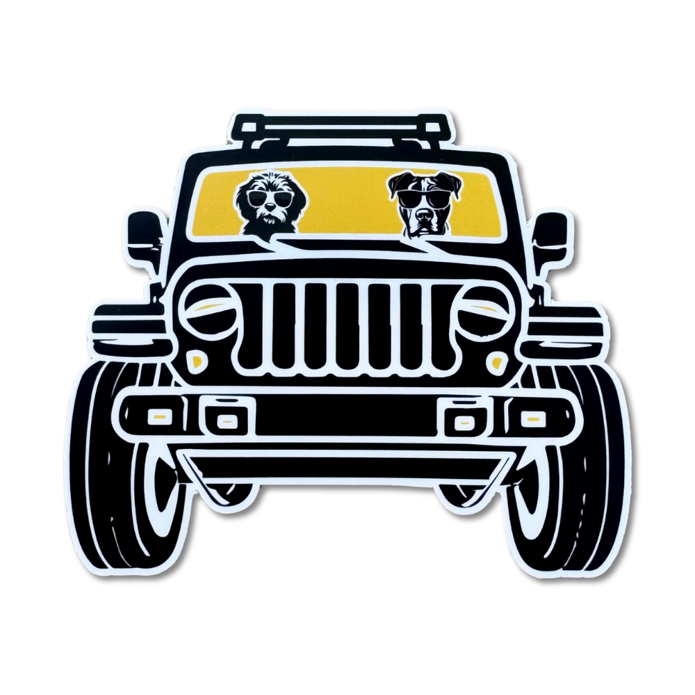 Sticker with pit bull and doodle mix in yellow Jeep with amber windshield. Waterproof vinyl, 5" wide. Bright design perfect for cars, laptops, or coolers.
