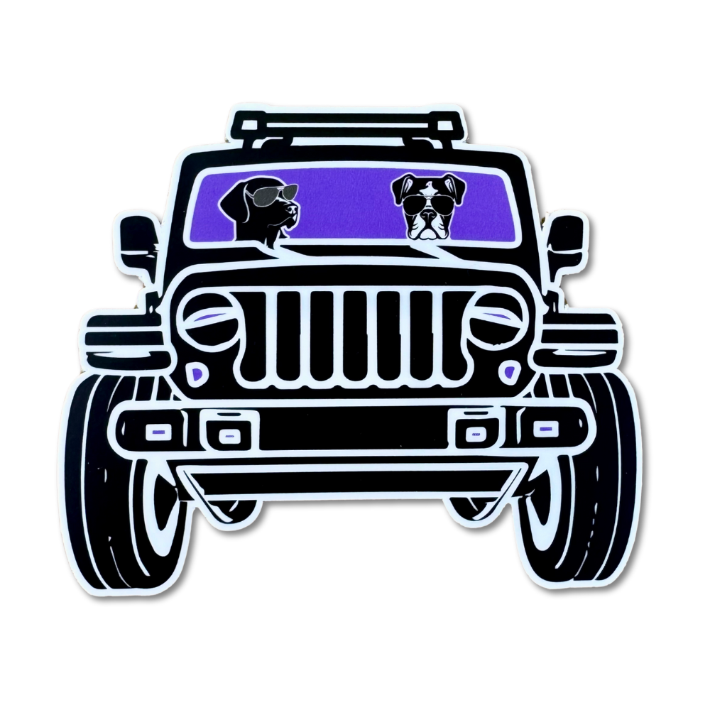 Pit bull and lab-like GSP in a Jeep with purple windshield. Waterproof 5" vinyl sticker for car windows, laptops, or coolers with dog-loving energy.