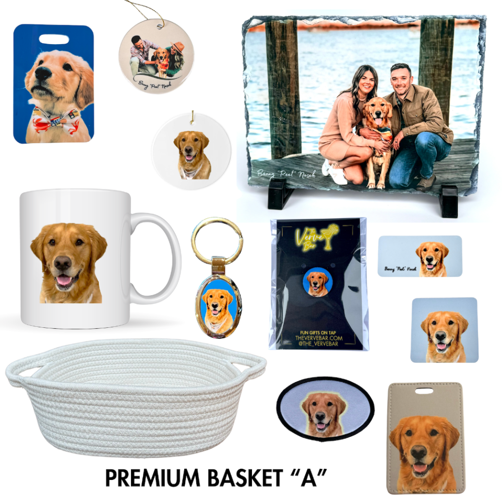 Gift for loss of pet. Photo shows contents of basket which is custom photo gifts of the dog incuding custom photo mug, bag tag, slate photo, lapel pin, magnet, patch, and luggage tag.