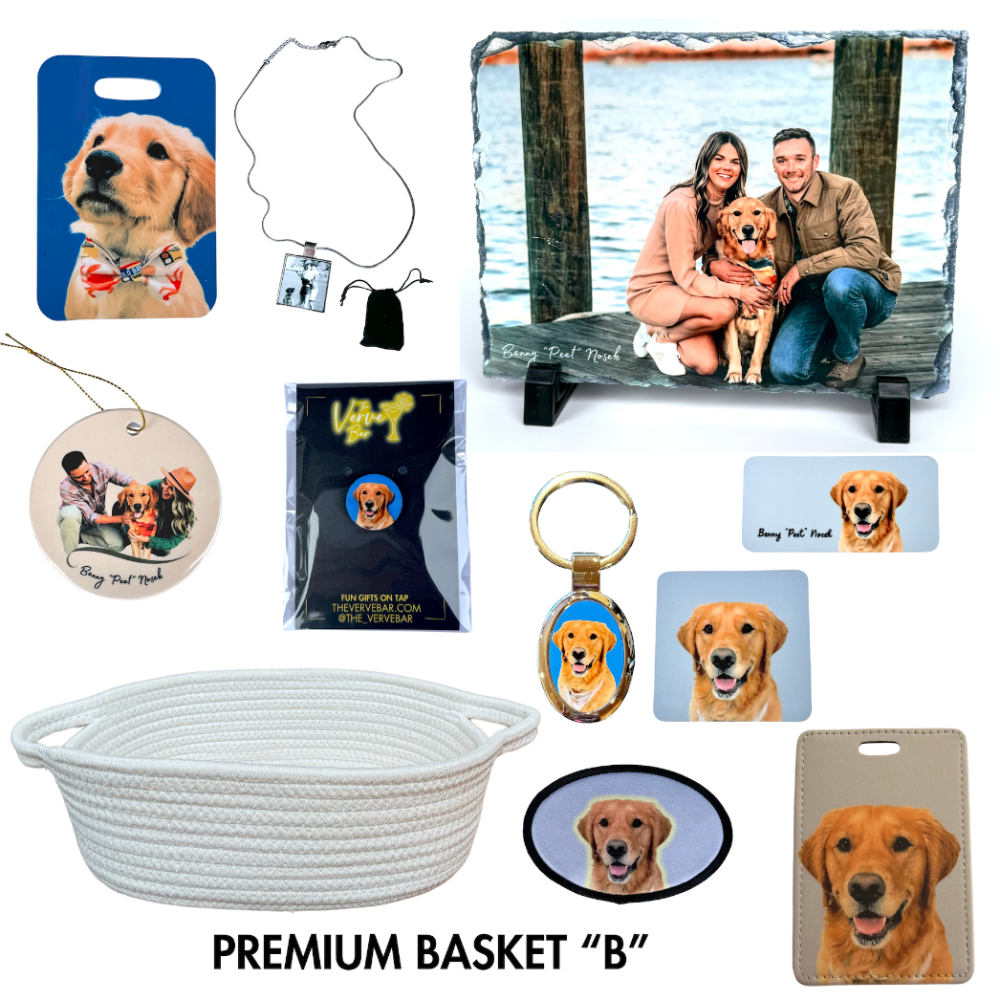 gifts for loss of dog - shows all the custom photo gifts included in the sympathy basket for pet
