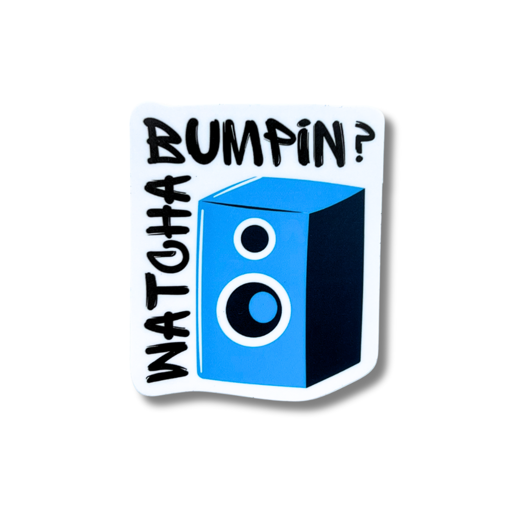 German Shepherd Dog Sticker - cartoon dog with headphones on "watcha bumpin?"