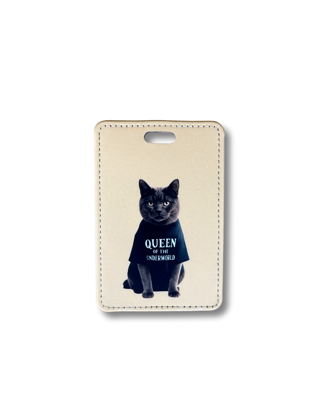 Attitude cat luggage tag with light beige background featuring black cat in “Queen of the Underworld” shirt.