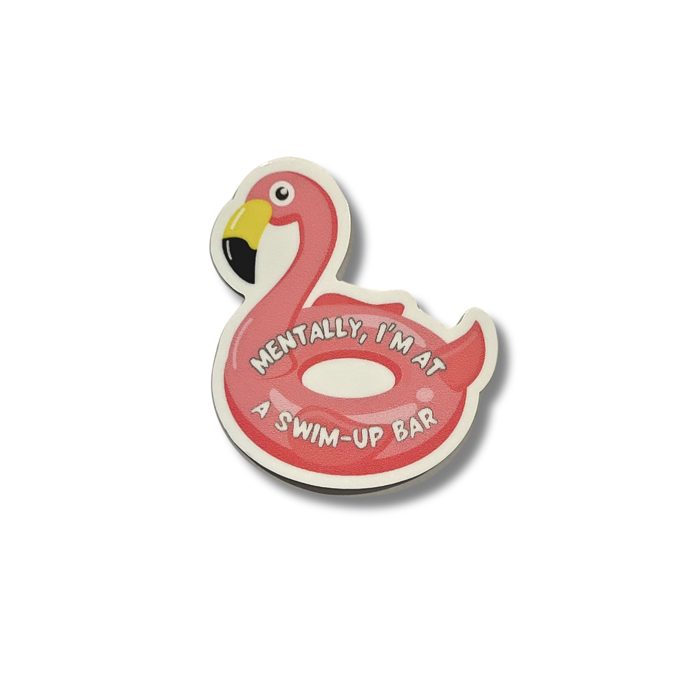 small sticker shaped like a flamingo pool float, pink, "mentally, I"m at a swim-up bar"