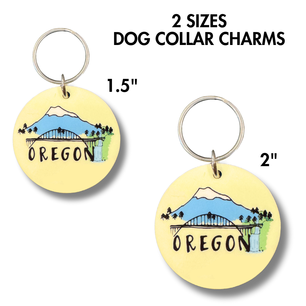 Acrylic Oregon Dog Collar Charm with Mt. Hood and nature design. Double-sided, lightweight, available in 1.5” & 2”, and customizable.