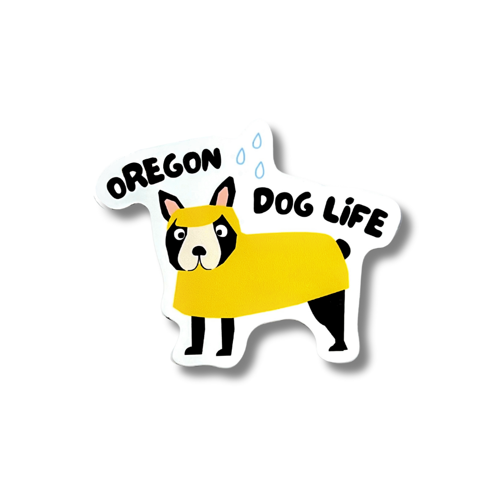 Boston Terrier Sticker: dog wearing a yellow rain jacket "Oregon Dog Life"