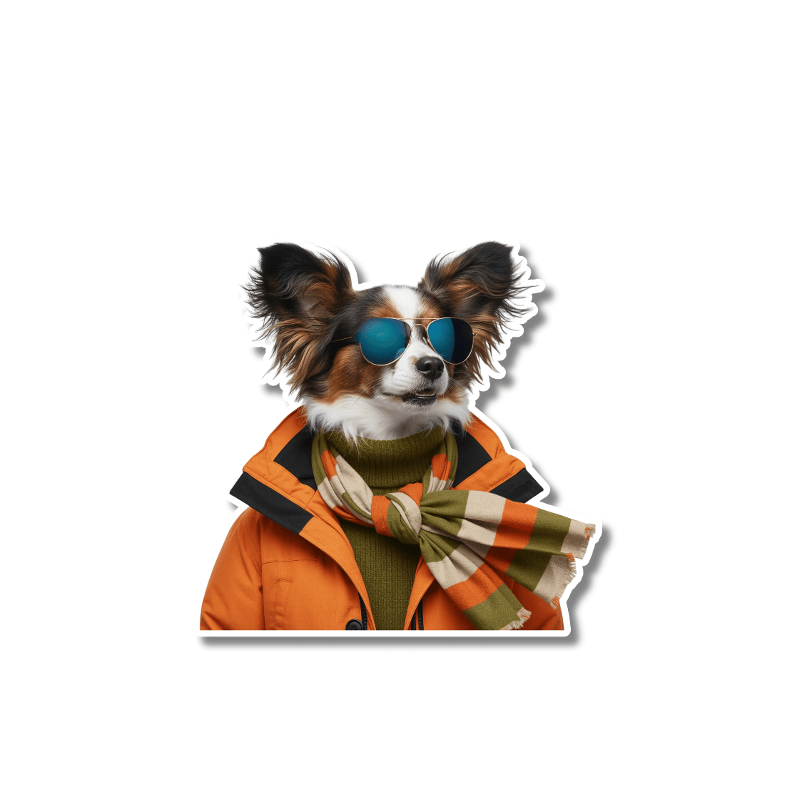 papillon sunglasses sticker; papillon wearing mirrored sunglasses, orange ski jacket, green sweater, and scarf on white background
