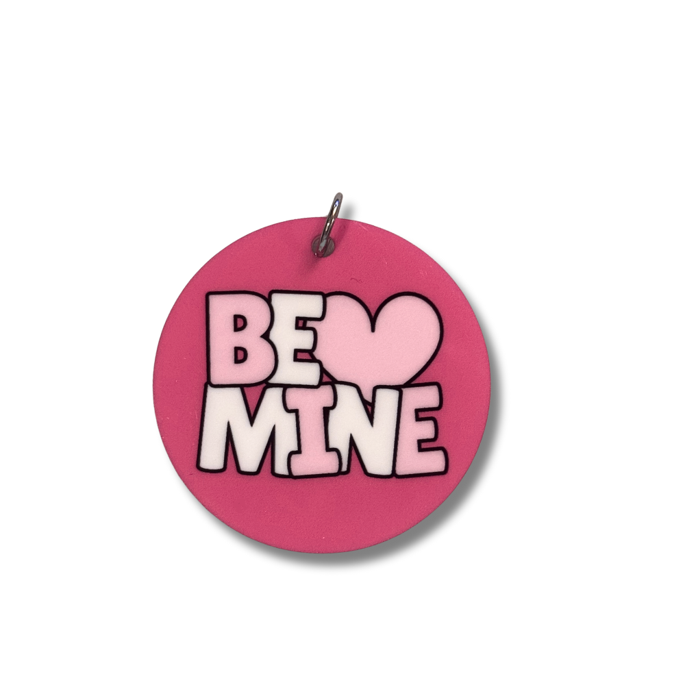 Cutest Valentine dog collar accessory - round pink acrylic collar charm with "Be Mine" design.