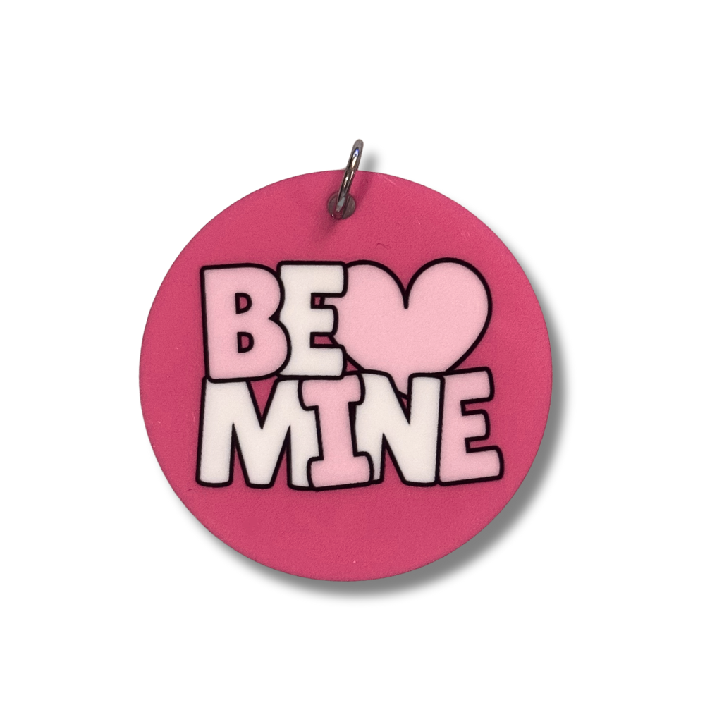 2" Valentine dog collar accessory - round pink acrylic collar charm with "Be Mine" design.