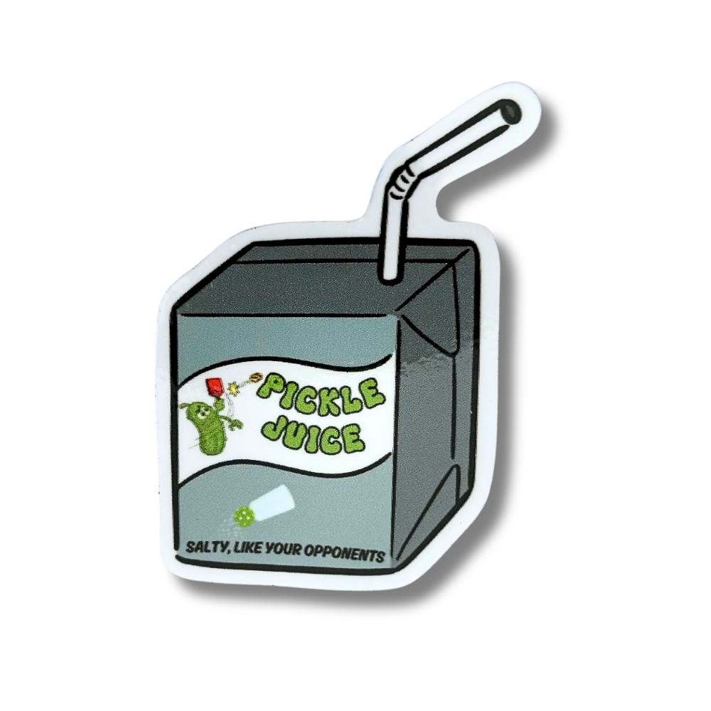 gray carton with straw (pickle playing pickleball) "Pickle Juice, Salty, like your opponents" juice box sticker