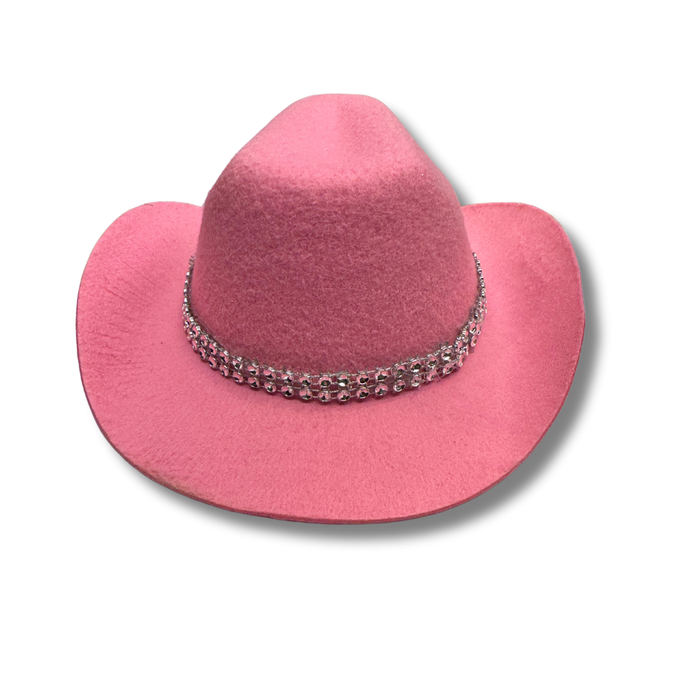 front view of dog pink cowboy hat with rhinestone trim