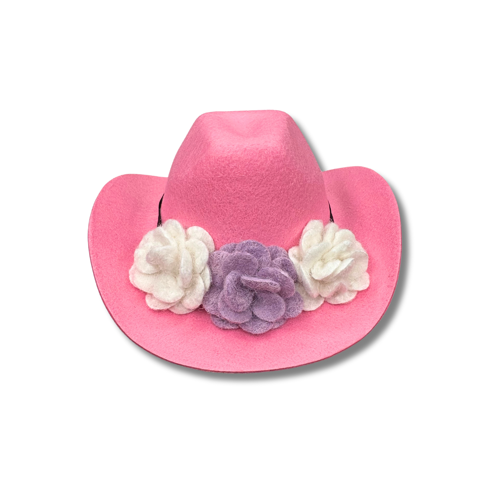 medium pink cowboy hat for dog with 3 white and lavender flowers