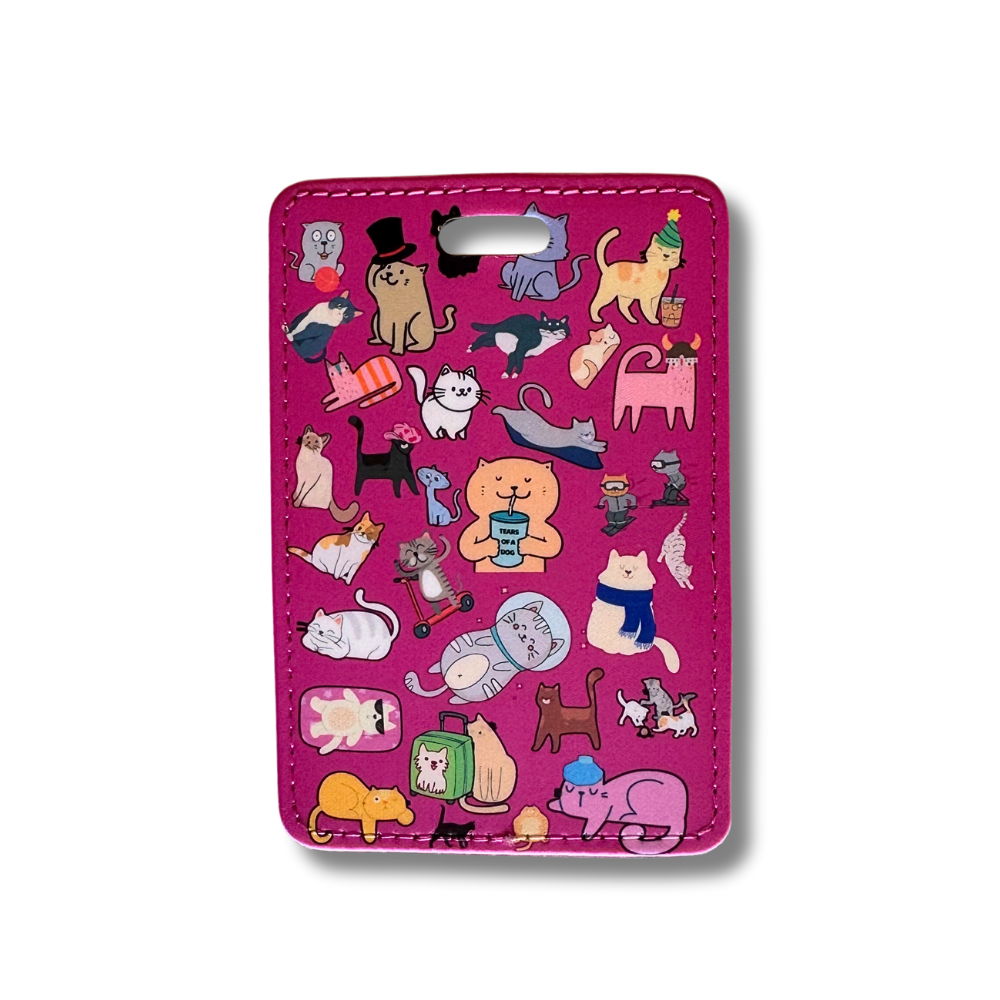 3.75" x 4" faux leather cat luggage tag with a colorful mix of illustrated cats. One-sided design with mesh pocket & ID card on the back.