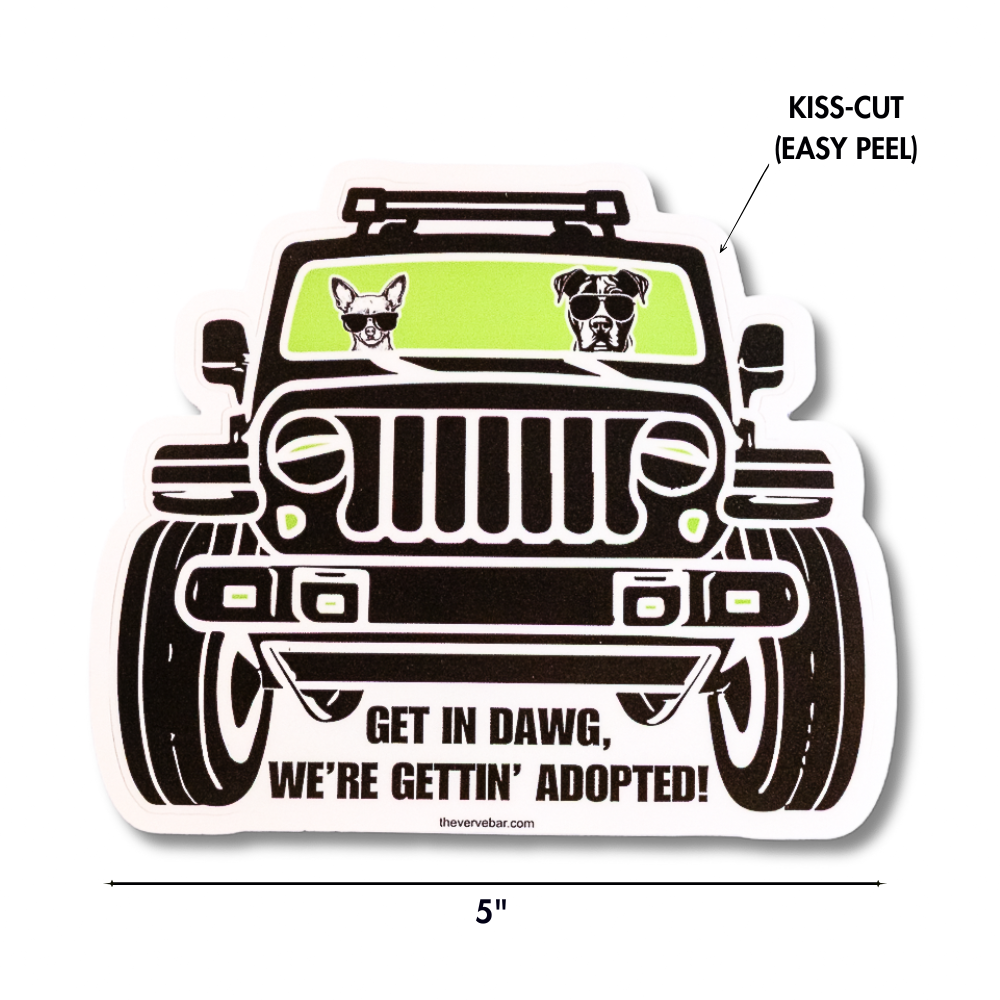 Pit mix and chihuahua in black Jeep with green windshield. 5" waterproof vinyl rescue dog sticker with arrows showing size and kiss cut.