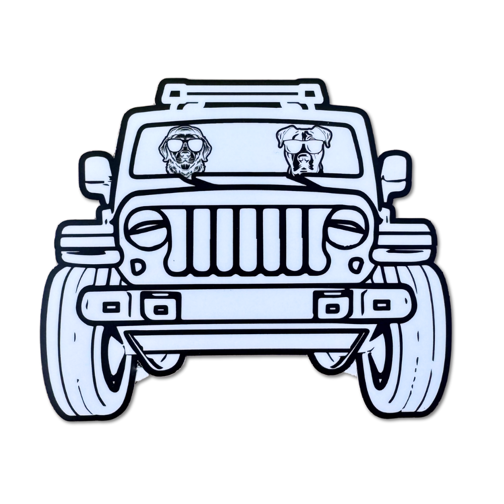 Golden retriever and pit bull wearing sunglasses in a white Jeep with a white windshield. Large 5" waterproof vinyl sticker with urban adventure vibes.