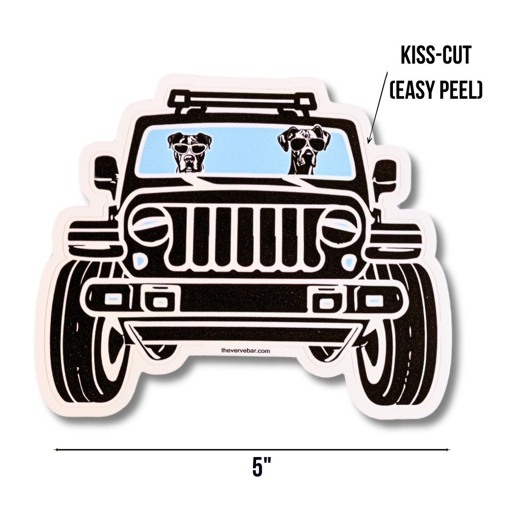 Great Dane and pit bull mix in a black Jeep with light blue windshield. Large 5" waterproof vinyl sticker. Size and peel instructions shown.