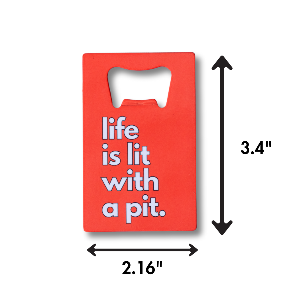 Pit bull bottle opener with dimensions shown: 3.4 inches tall by 2.16 inches wide