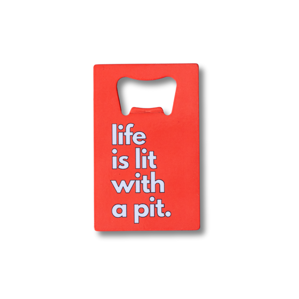 red wallet sized flat bottle opener for pit bull lover "life is lit with a pit"