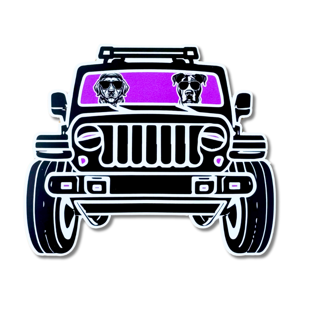 Golden retriever and pit bull in white Jeep with pink windshield. 5" waterproof vinyl sticker with bold colors, perfect for car windows and laptops.