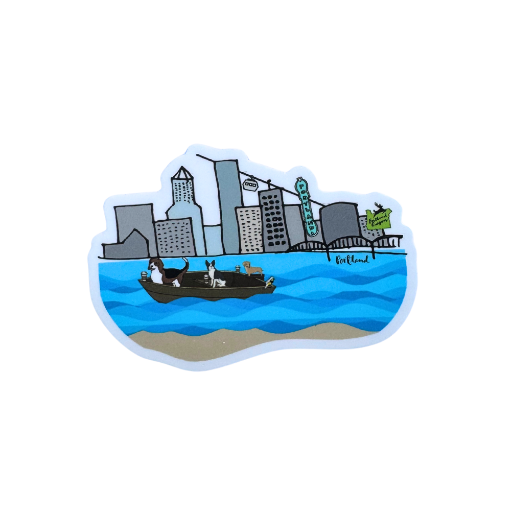 Waterproof vinyl sticker of the Portland waterfront and skyline with dogs in a boat on the river. Perfect for dog lovers and PNW fans.