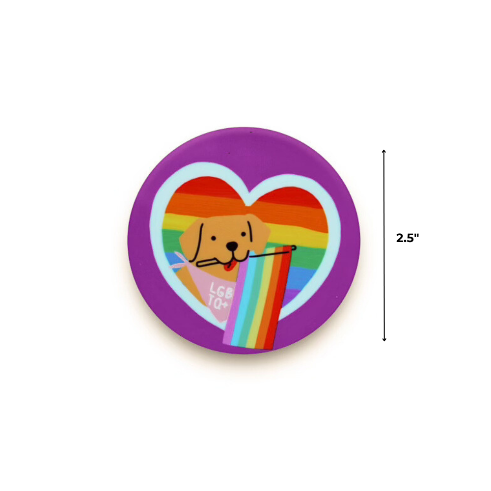 Round purple magnet with a dog illustration and rainbow heart, size 2.5 inches.
