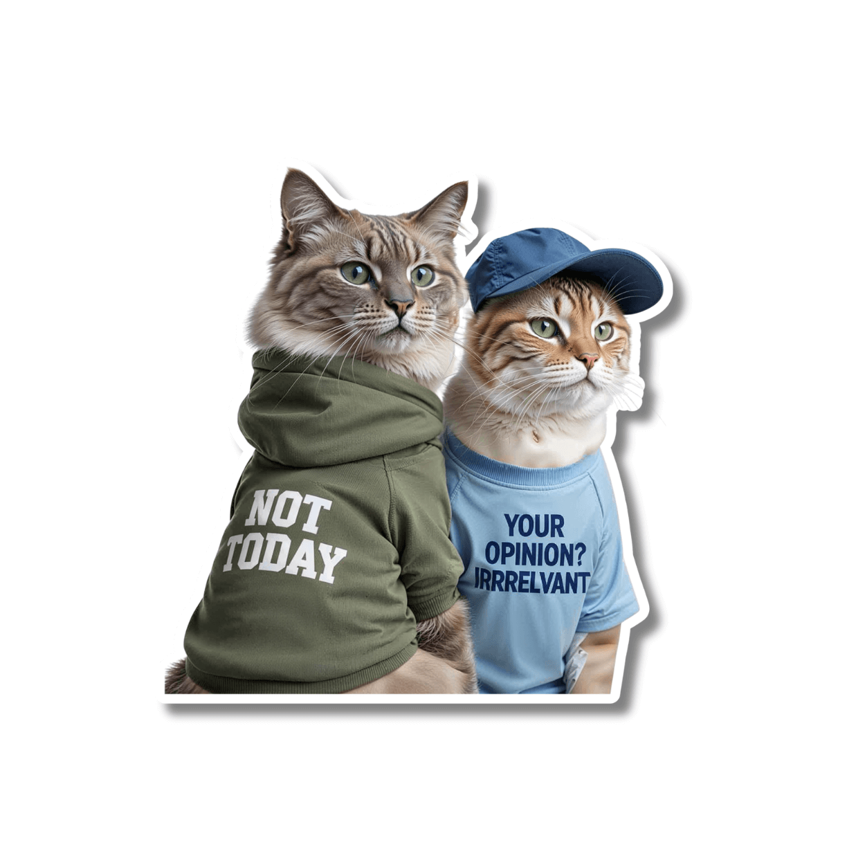 funny cat hoodie sticker; Two cats wearing shirts with humorous text on a white background