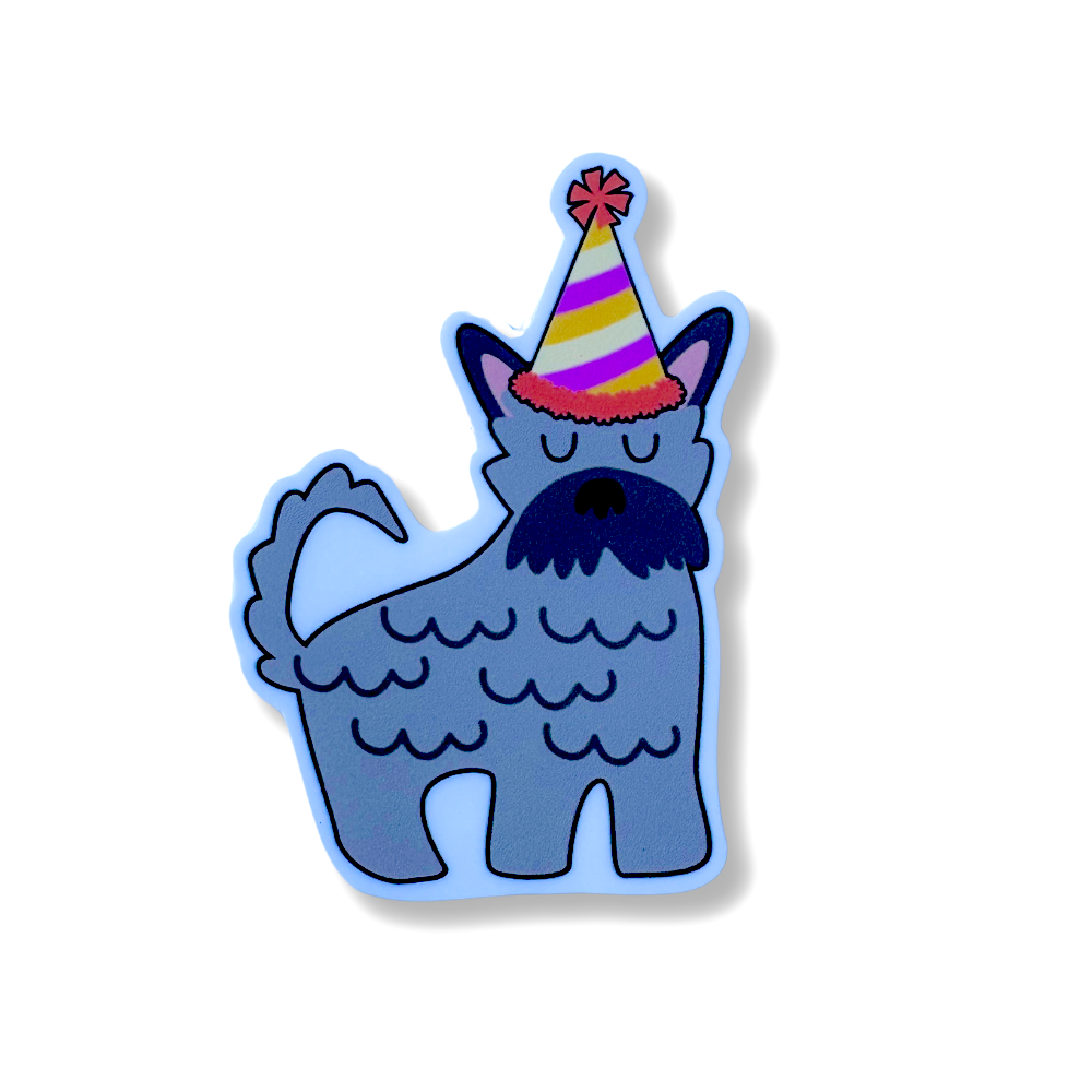 cute waterproof schnauzer dog sticker. Gray pup wearing colorful party hat.
