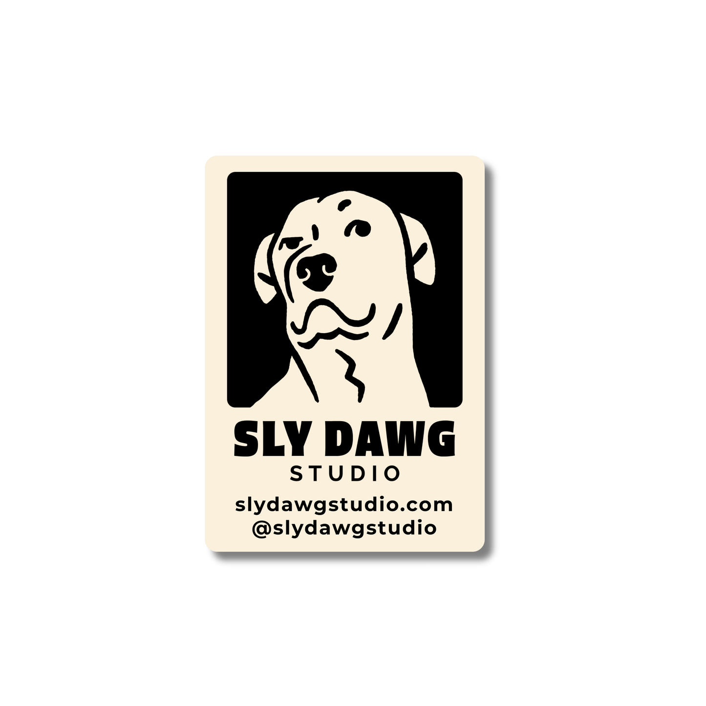 Vinyl sticker with line art illustration of Apollo, a rescue pit bull mix, featured in the Sly Dawg Studio logo with bold black text below.