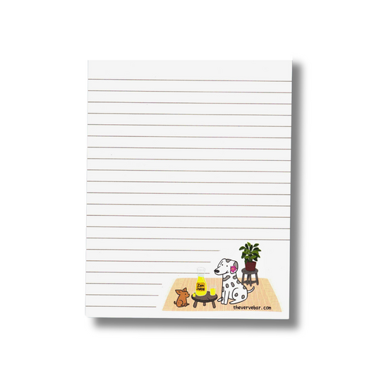 lined notepad with dalmatian and chihuau in bottom right corner. The dogs are sitting on a peach colored rug with a plant behind them. They are drinking juice with label: Zen Juice