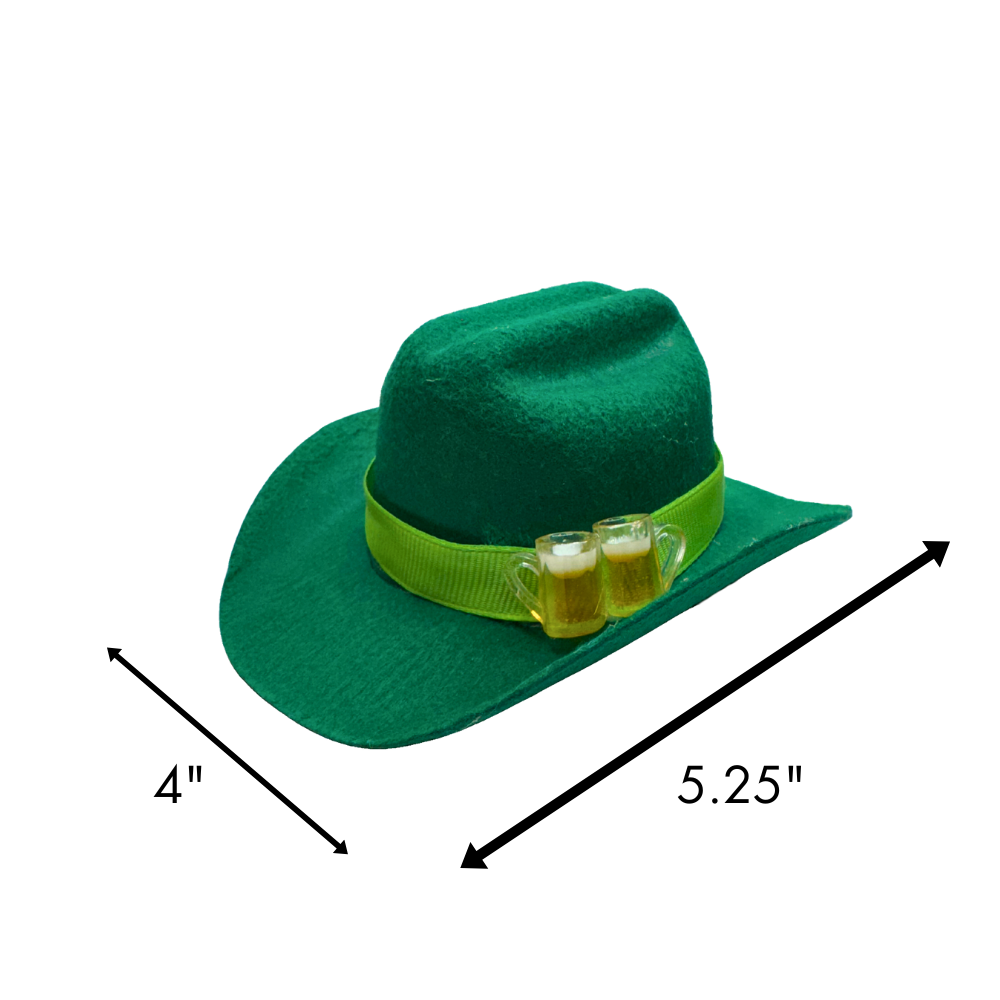 Width x Length measurements of our dog St. Patrick's Day hat. Green tiny cowboy hat with two tiny beer mugs as decoration.e. Hat has a bright green ribbon trim.