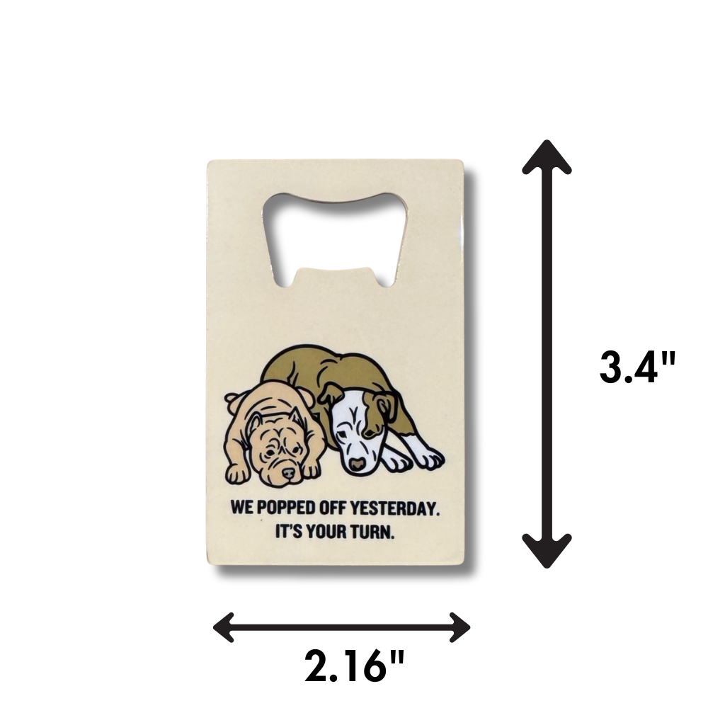 Beige bully breed bottle opener with dog art and dimensions: 3.4 x 2.16 inches