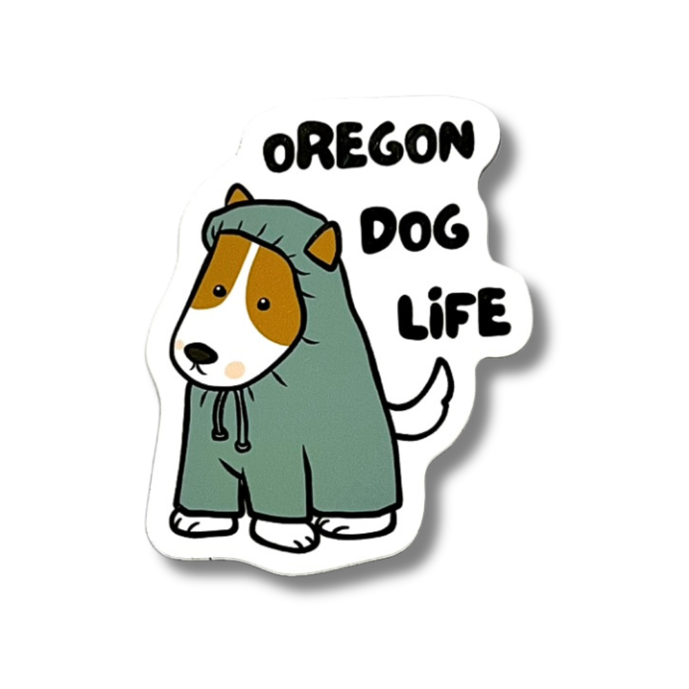 Oregon dog sticker. Cute brown and white dog wearing a green hooded raincoat.