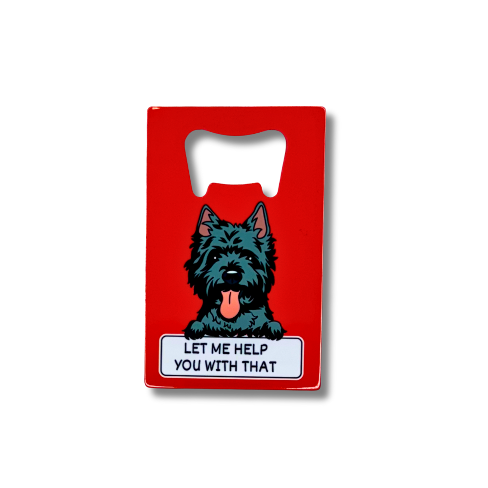 Flat credit card-sized bottle opener with a terrier illustration and text reading “Let Me Help You With That” on a red background.