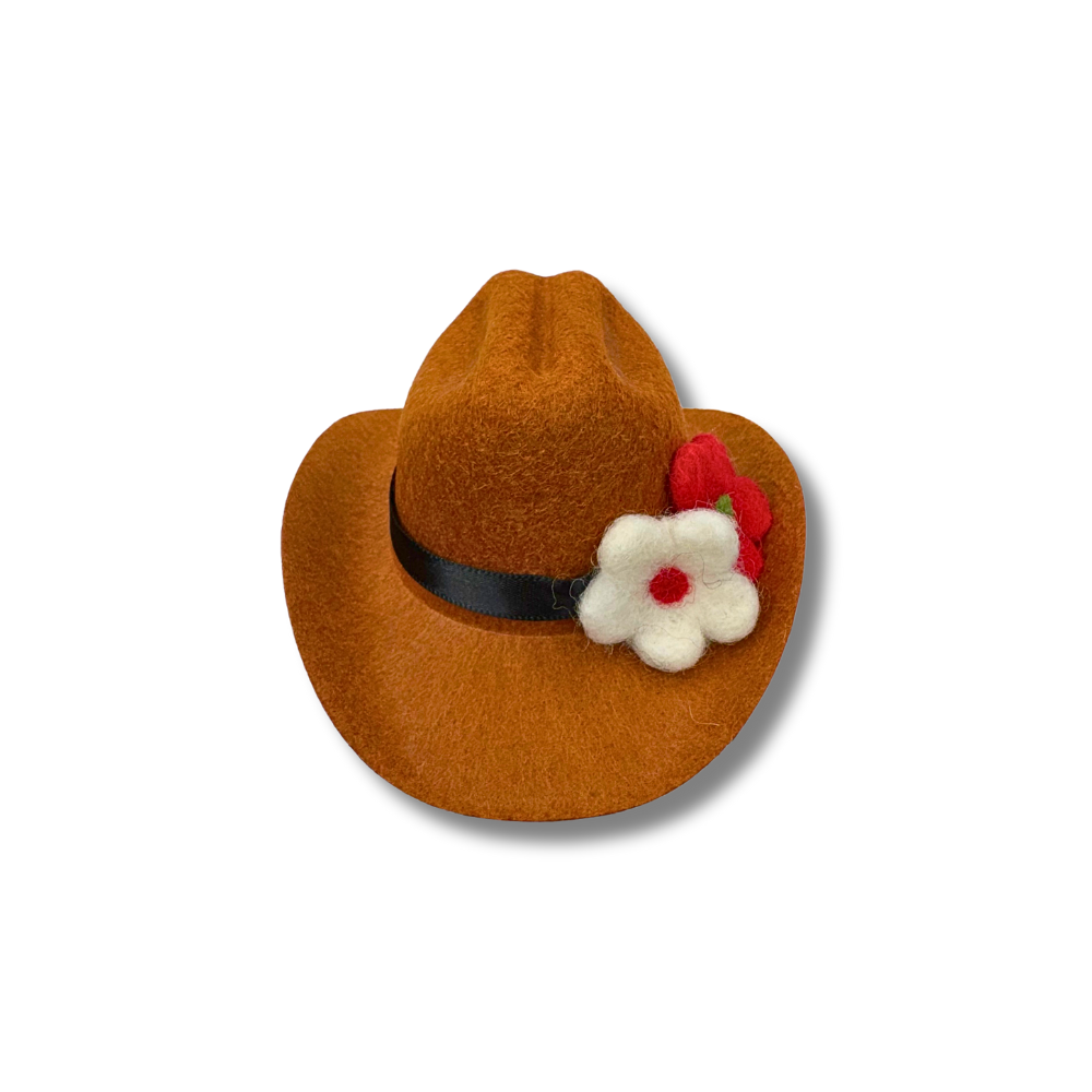 mini brown felt cowboy hat for dogs with one white and one red wool felt flower