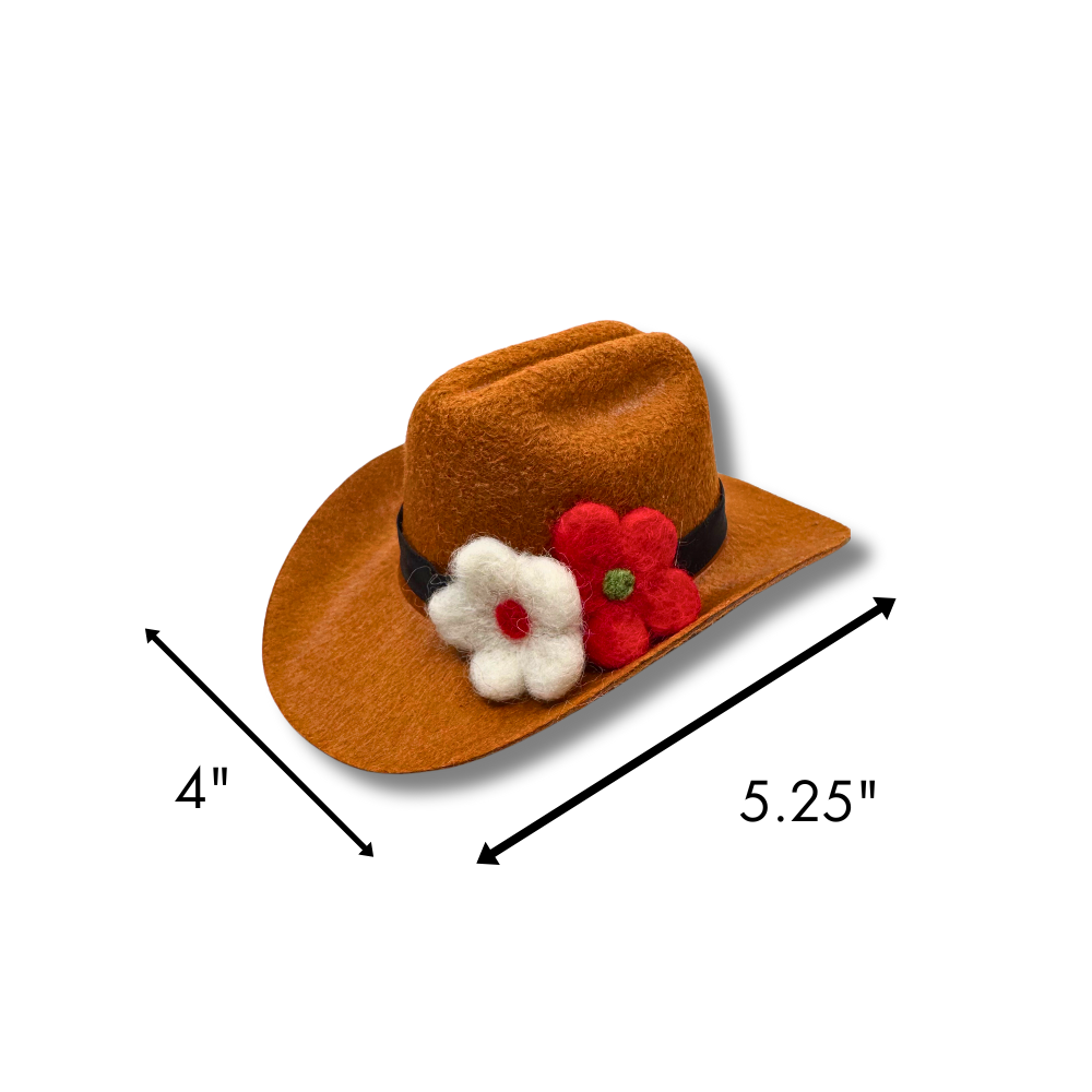 dog cowboy hat -- brown hat with two wool felt flowers in red and white. Image shows dimensions.