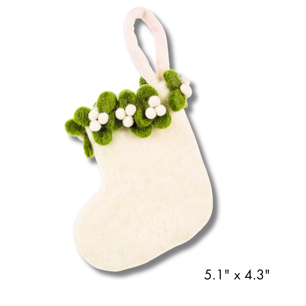 Mini Felt Holiday Stocking | White Green Mistletoe